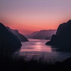 Serene sunset over a calm river valley with majestic mountains