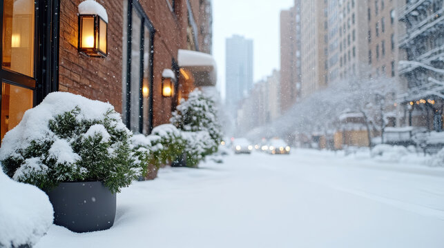 Snowy sidewalk with potted evergreens and warm lamps, peaceful urban winter street scene