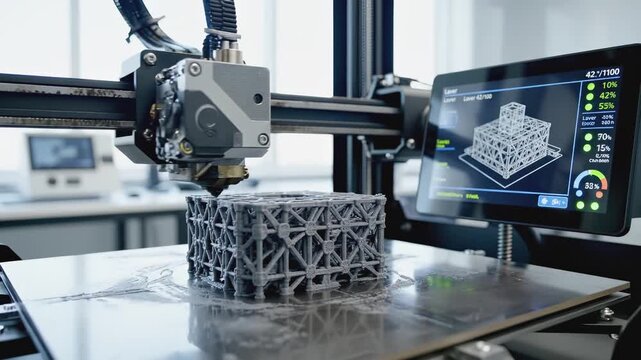 3D printer creates intricate design layer by layer, showcasing advanced technology and precision, with close-up camera movement enhancing detail visibility