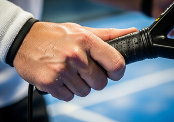 Close-up of a hand gripping a racket handle with sweat droplets, sports action detail on blue court background