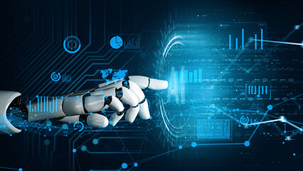 A dynamic image of a robotic hand reaching out to a digital data interface, illustrating the convergence of technology and innovation with vibrant graphs and analytics. Xenic