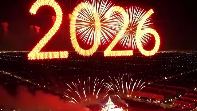 A vibrant aerial view of a New Year's Eve celebration, with bright fireworks forming the number 2026 above a glowing cityscape at midnight