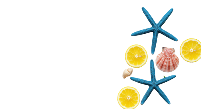 Meticulously arranged flat lay: vivid blue starfish, iridescent pink scallop shells, white conch, translucent lemon slices, green palm leaves on transparent with copy space, serene summer concept