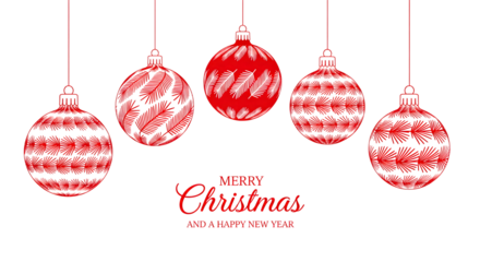 Festive red christmas ornaments hanging against a dark background