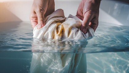 Removing a Stain A Close-Up of Hands Holding a Stained Cloth Submerged in Water