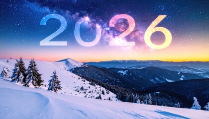 Year 2026 over snowy mountain landscape with bright sky