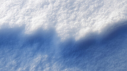 Top flat view of close up natural snow texture, soft powdery surface with gentle shadow, cold winter background, peaceful and serene atmosphere