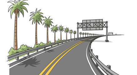 Obraz premium An illustrative depiction of a winding highway, flanked by tall palm trees and a sturdy guardrail, leading towards a distant horizon under a clear sky.