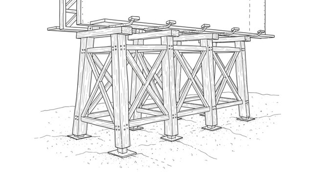 Architectural sketch of a series of sturdy wooden support structures, highlighting the intricate cross-bracing and foundational elements for a large construction.
