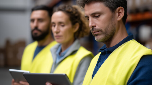 Warehouse team using digital tablets for inventory management, focused and collaborative, wearing yellow safety vests in industrial storage environment, teamwork and technology integration