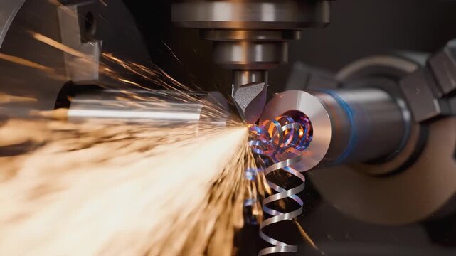 Precision machining process showcases metal cutting with sparks flying, camera zooms in on the intricate details of the tool and workpiece interaction