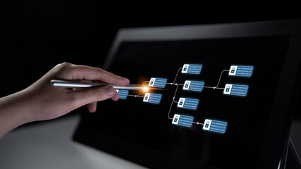 Blockchain structure showing distributed data blocks linked with encryption, representing secure transaction verification, decentralized control, and immutable record system Latch