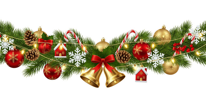 Festive christmas garland with ornaments and lights