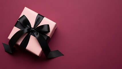 Elegant pink gift with dramatic black ribbon on rich burgundy backdrop