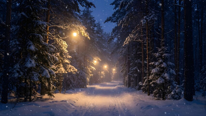 The Silent Forest Path: A wide landscape shot of a dense pine forest during heavy snowfall at deep twilight.
