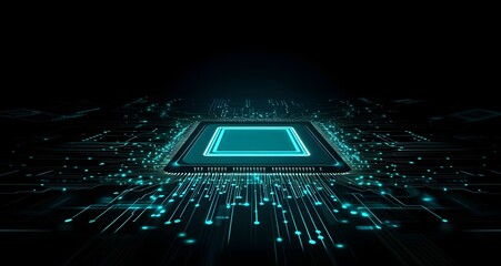 Futuristic glowing blue central processing unit chip with intricate circuit board pathways and digital data streams on a dark background representing advanced technology and artificial intelligence