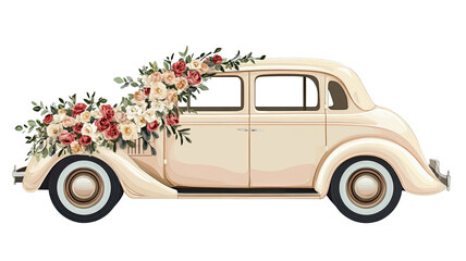 Elegant vintage wedding car with classic decorative details showcasing timeless romantic transportation style for ceremonial celebration presentation isolated on white background