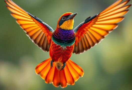 Close-up of a colorful Baza bird in flight, wings spread,   jungle bird,  predator