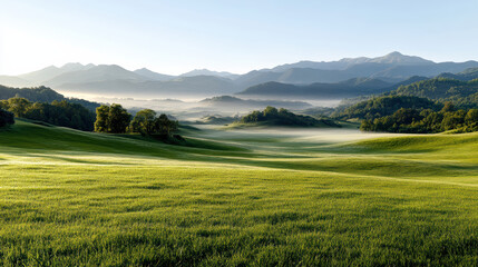Fototapeta premium Rolling hill meadow morning mist peaceful dawn landscape with soft light