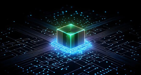 Abstract glowing futuristic cube with vibrant neon blue and green light emanating from a complex digital circuit board background