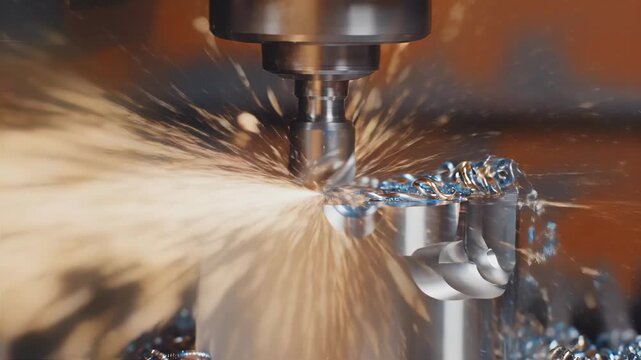 Precision machining process showcases metal cutting with sparks flying, camera zooms in on the intricate details of the workpiece and tool engagement