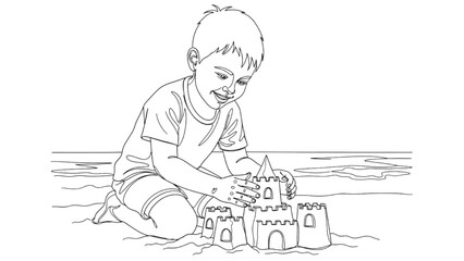 Continuous black line art of a child kneeling and building a sandcastle, happy summer beach illustration
