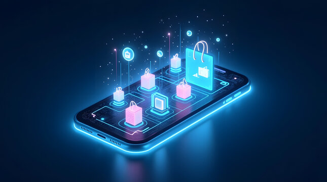 Digital shopping experience on a futuristic smartphone interface.