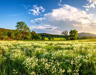 Sunny landscape of a meadow full of flowers beneath a bright sky