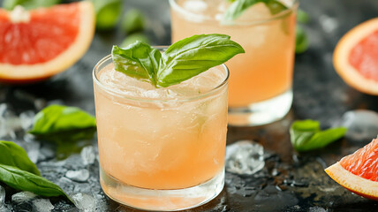 Refreshing grapefruit and basil cocktails with ice, garnished with fresh basil leaves on a dark, rustic surface.