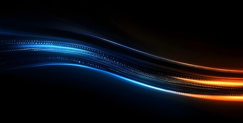 Abstract flowing wave of vibrant blue and orange light streaks with digital data points against a dark background