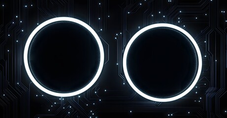 Futuristic glowing neon oval shapes on a dark digital circuit board background with glowing lines and dots representing technology and data