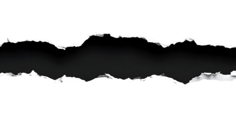 Abstract graphic representation of a rough torn paper edge with a dark void revealing a contrasting bright illuminated area isolated on transparent background