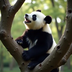 Obraz premium Giant panda sitting in a tree looking upwards