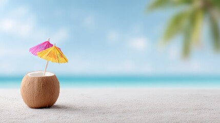 Coconut drink with colorful umbrellas on sandy beach, blurred ocean and palm leaves in background, evoking tropical vacation and relaxation atmosphere