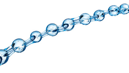 Transparent blue liquid chain with interconnected spherical and elongated links, filled with tiny bubbles,, isolated on transparent background