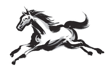 水墨画調の筆で描いたダイナミックに走る馬のモノクロイラスト