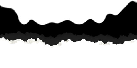 Abstract textured dark torn paper edge graphic element with rough frayed white and gray fibers isolated on transparent background