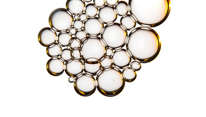 Clear translucent bubbles with golden reflections, varying sizes, interconnected, forming intricate abstract, isolated on transparent background