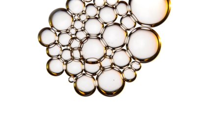 Clear translucent bubbles with golden reflections, varying sizes, interconnected, forming intricate abstract, isolated on transparent background