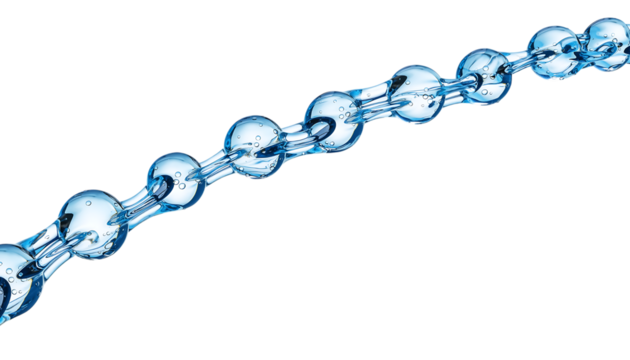 Transparent blue liquid chain with interconnected spherical and elongated links, filled with tiny bubbles,, isolated on transparent background