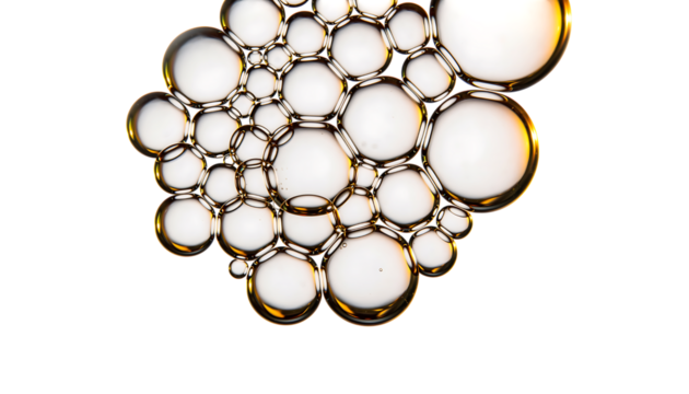 Clear translucent bubbles with golden reflections, varying sizes, interconnected, forming intricate abstract, isolated on transparent background