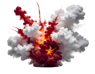 Vibrant explosion of billowing white and deep red smoke bursting outwards, revealing orange and yellow fiery, isolated on transparent background