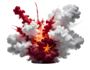 Vibrant explosion of billowing white and deep red smoke bursting outwards, revealing orange and yellow fiery, isolated on transparent background