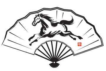 扇に筆で描いたダイナミックに走る馬のモノクロイラスト