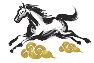 筆で描いたダイナミックな馬と金色の雲のイラスト