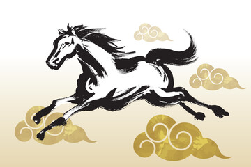 筆で描いたダイナミックな馬と金色の雲のイラスト
