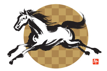 筆で描いたダイナミックな馬と金色の市松模様のイラスト