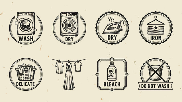 Laundry care icons Wash, dry, iron, delicate, bleach and do not wash symbols for clothing maintenance
