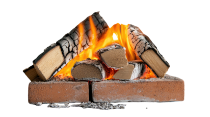 Traditional brick wood-burning stove heating solid logs with rustic firebox structure and detailed textured masonry elements isolated on white background