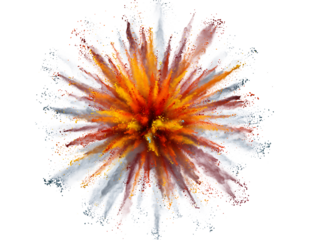 Vibrant colorful powder explosion bursting outwards, scattering bright red, orange, yellow, and grey pigments., isolated on transparent background